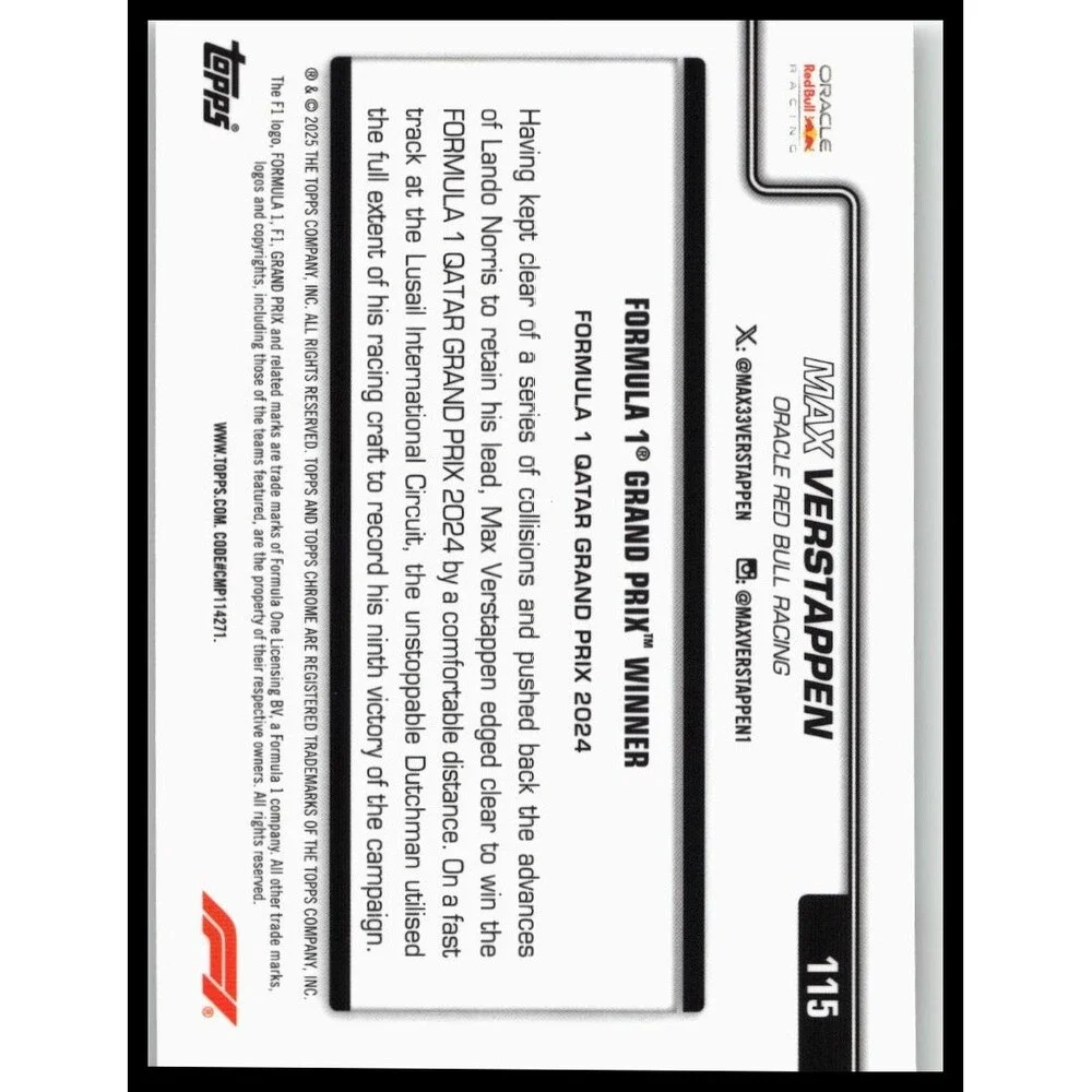 2025 Topps Chrome Formula 1 Max Verstappen #115 Oracle Red Bull Racing